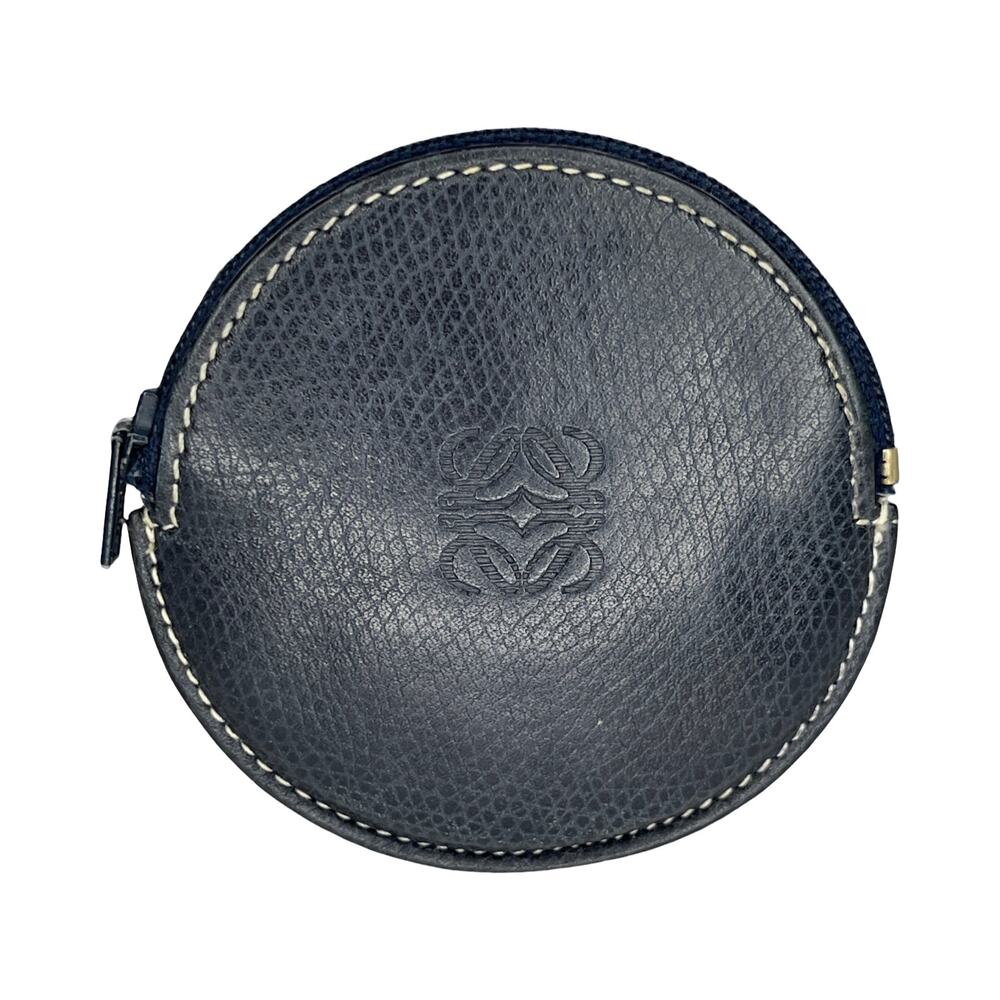 Loewe Vintage Navy Blue Anagram Round Leather Coin Purse Made in Spain
